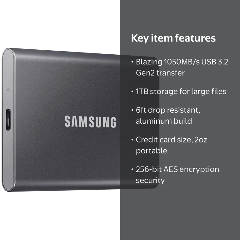 Samsung, Portable SSD, 1TB, Up to 1,050MB/s, Titan Gray - Walmart.com