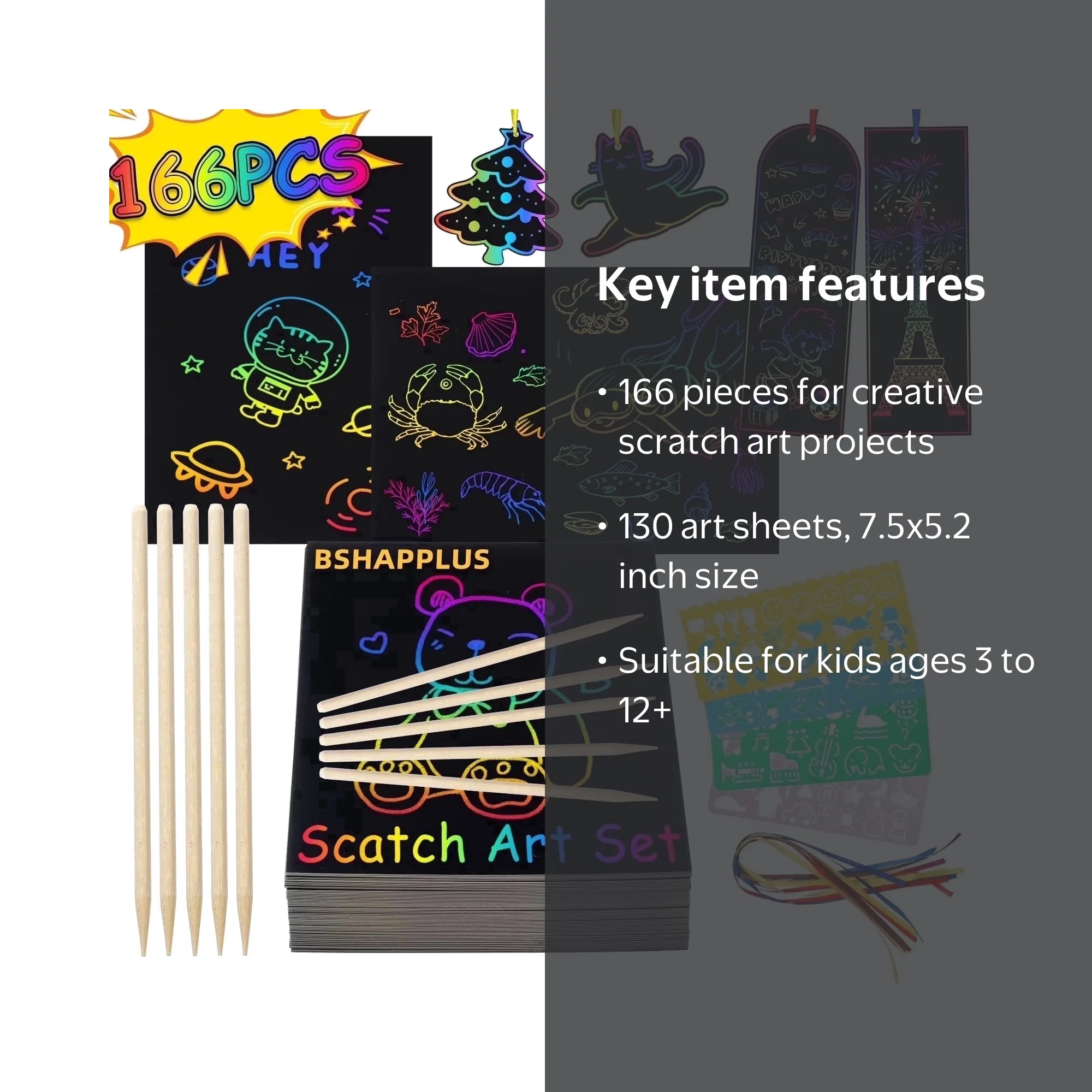 BSHAPPLUS, Rainbow Scratch Art Kit, 166 Pieces, Multicolor