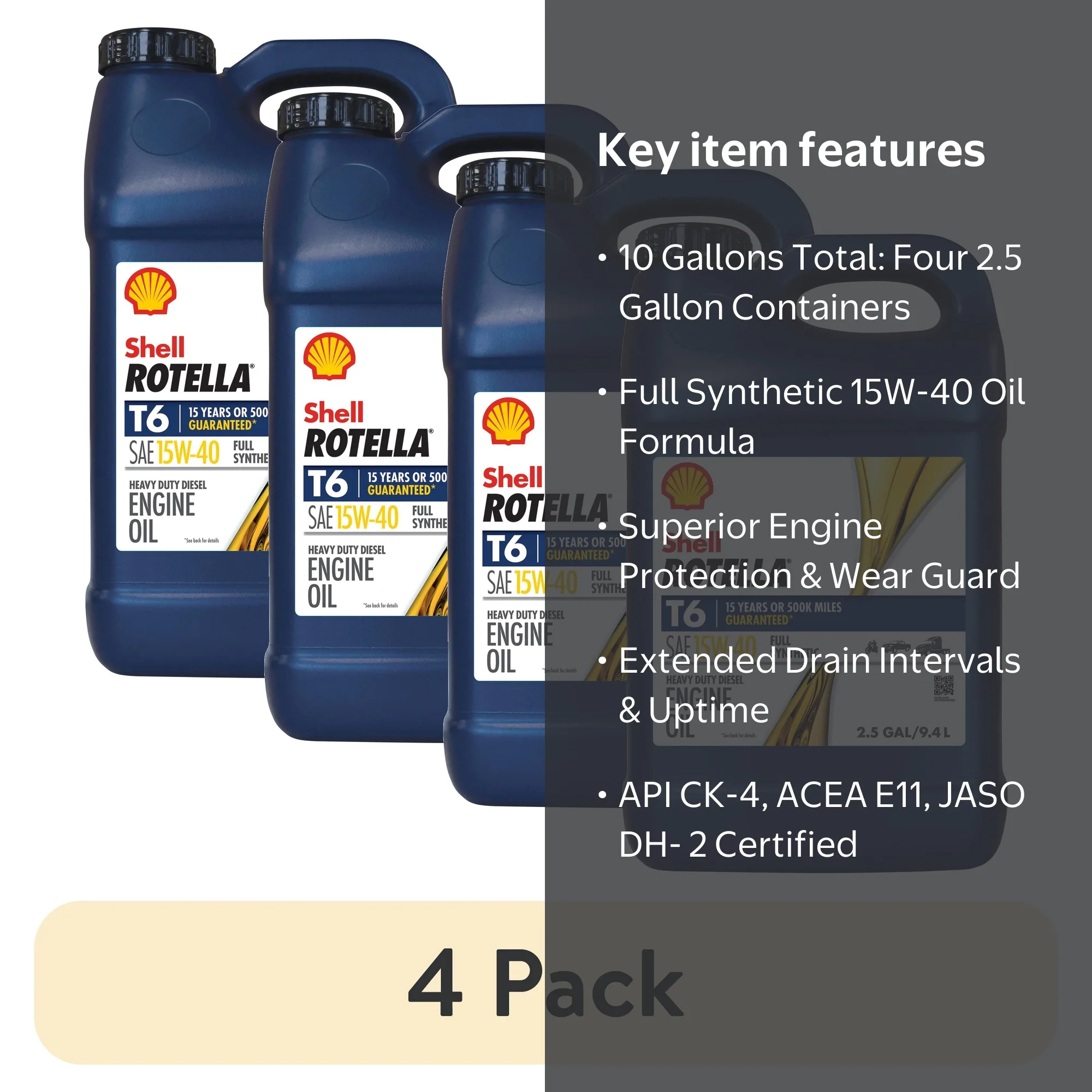 4 pack) Shell Rotella T6 Full Synthetic 15W-40 Diesel Engine Oil
