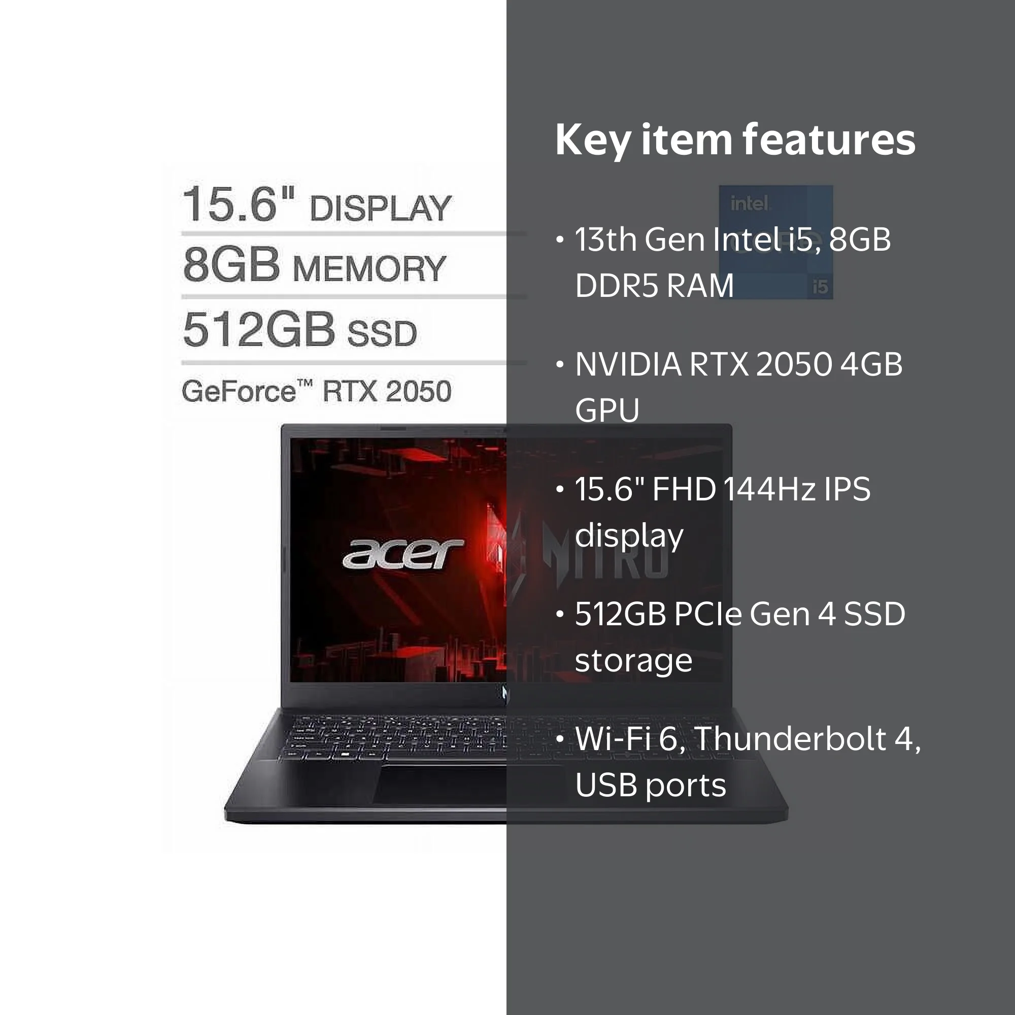 Acer Nitro V 15.6” Gaming Laptop, 13th Gen Intel Core i5, 1080p