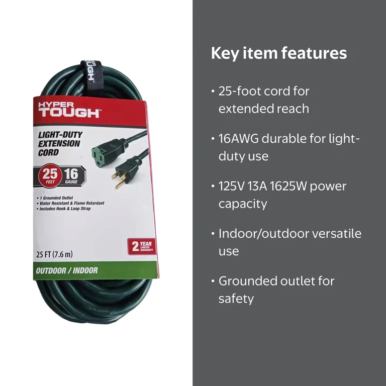 Hyper Tough 25 ft Outdoor Extension Cord, 16AWG, 3-Prong, Green