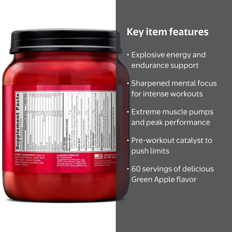 BSN, N.O. Xplode Nitric Oxide Booster, Green Apple, 60 Servings