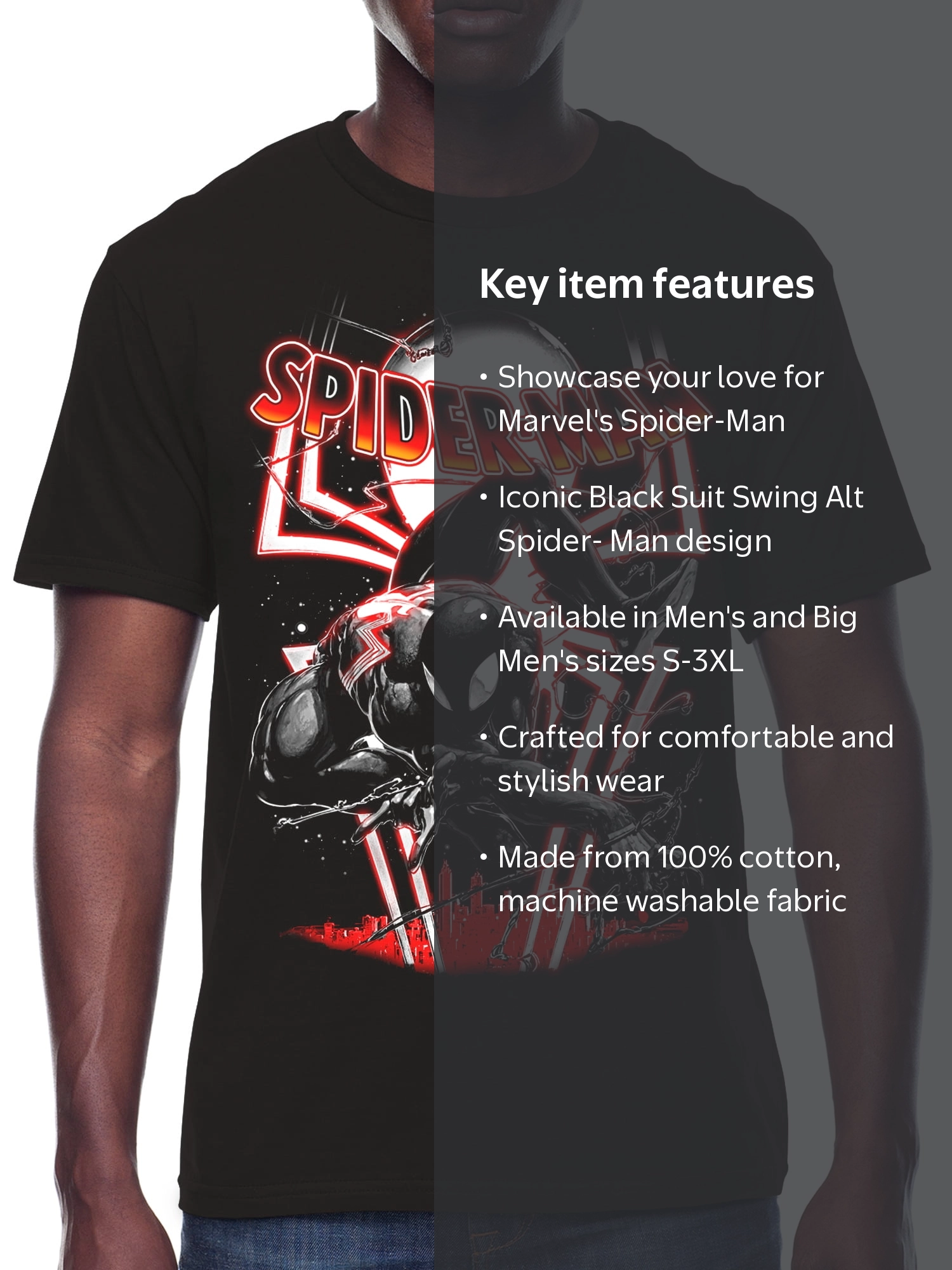 Spider-Man, Men's & Big Men's Graphic Crew Neck T-Shirt, Black