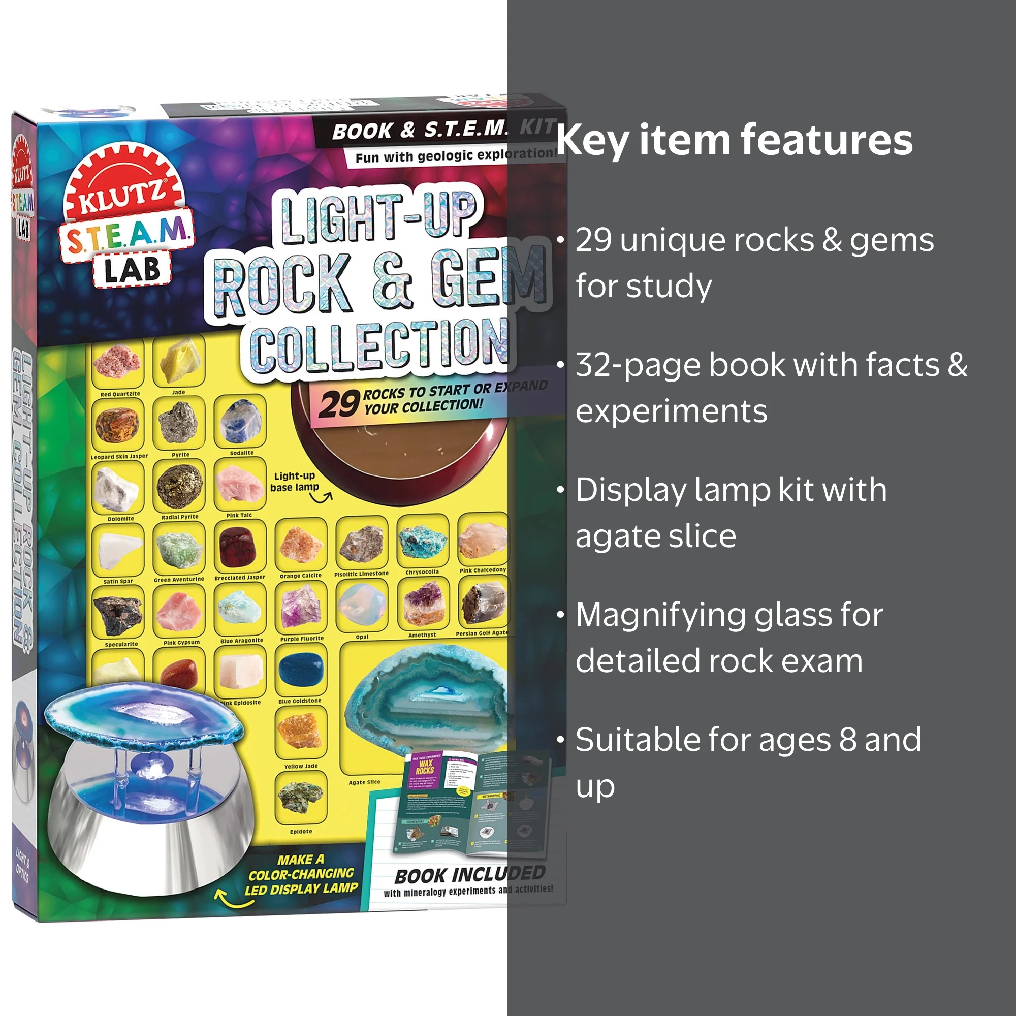 Klutz Light-Up Rock & Gem Collection, 29 Rocks & Gems, Display