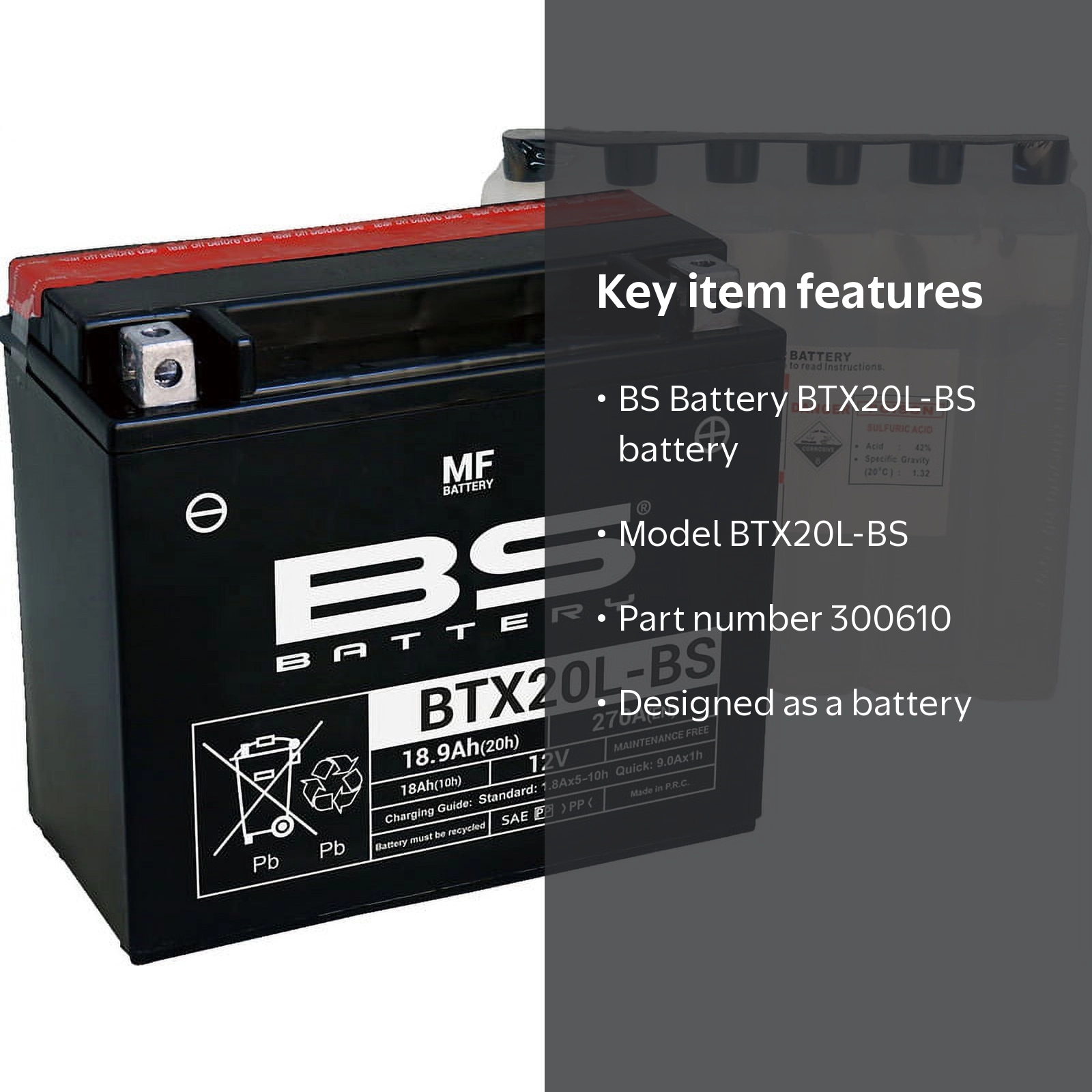 BS Battery, BTX20L-BS Battery, 300610, Maintenance-Free, 12V, 20Ah