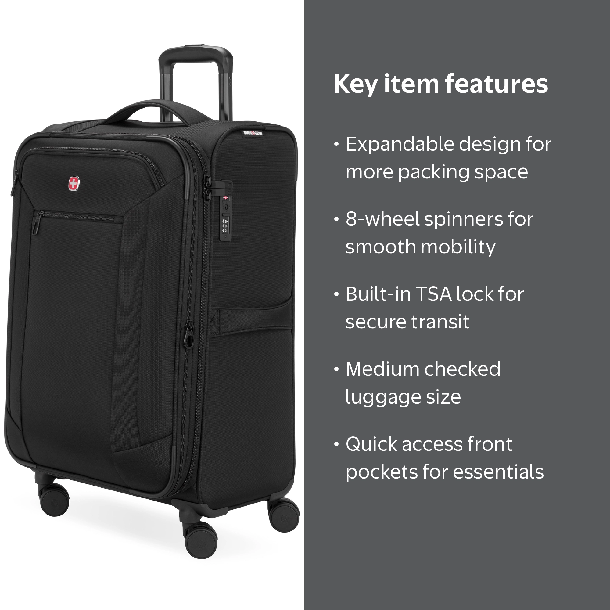 SWISSGEAR Stride Expandable Medium Checked Spinner Luggage, Black