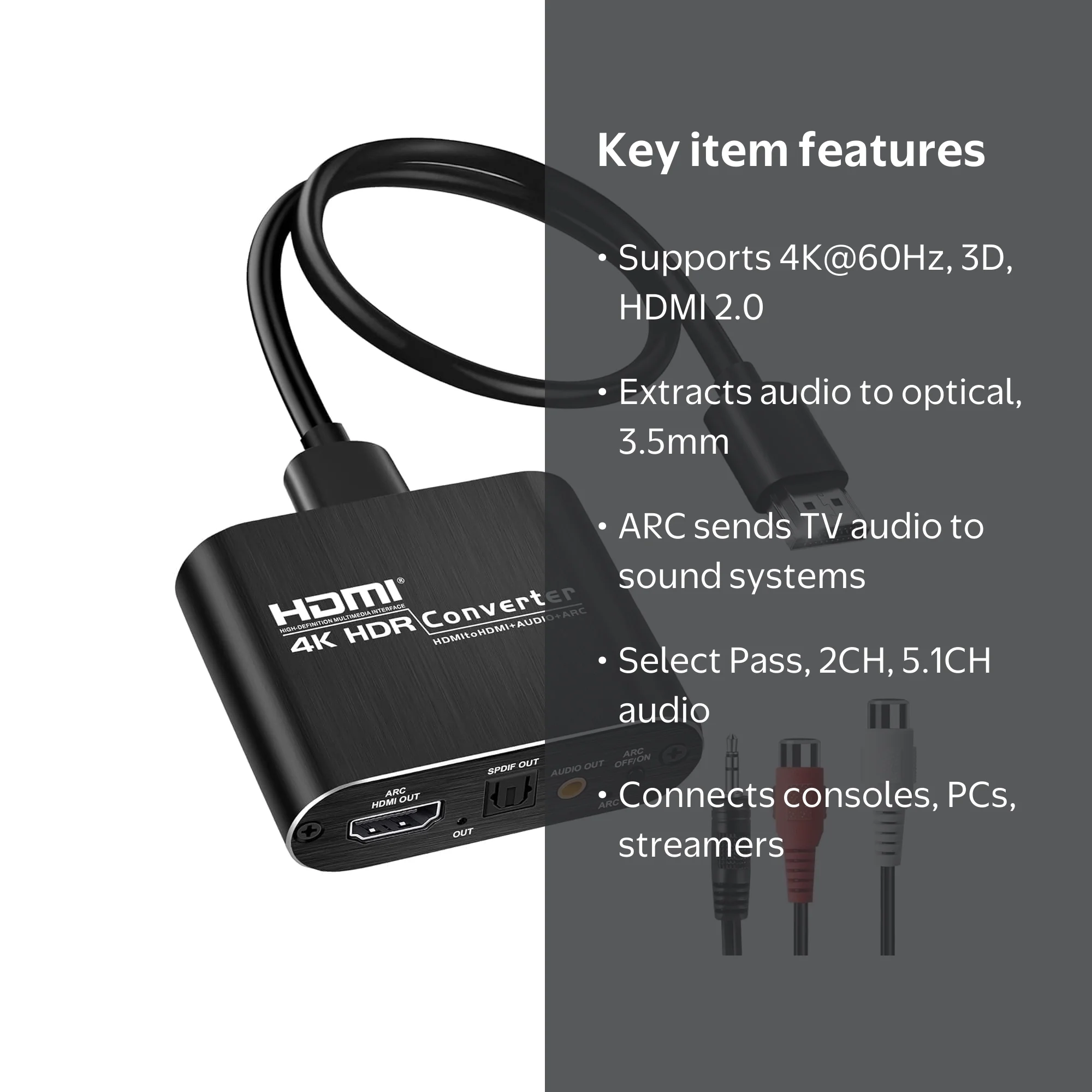 Zecamin HDMI ARC Audio Extractor Converter Box 4K@60Hz, HDMI to