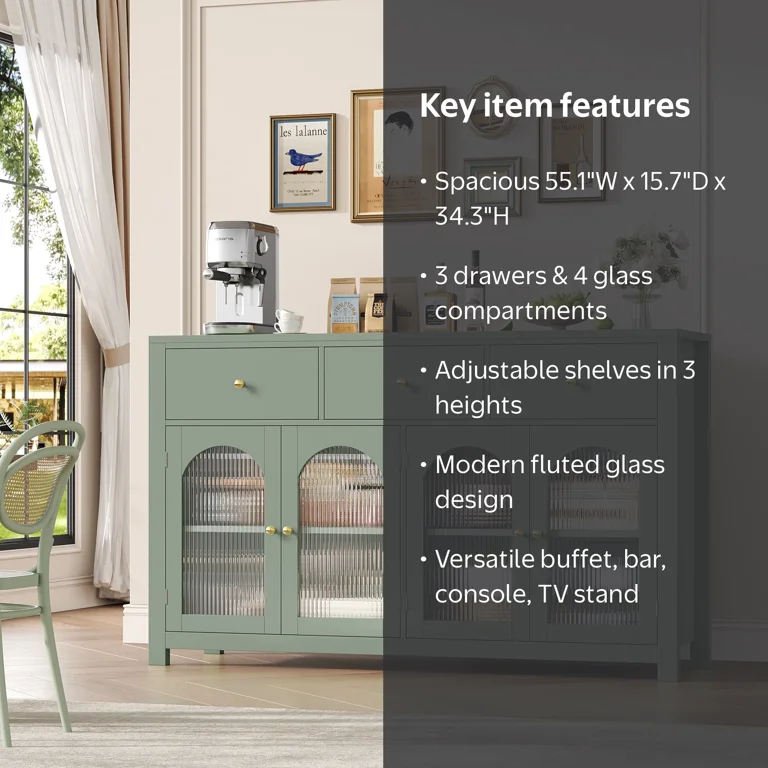 Homfa 55'' Wide Buffet Credenzas with 3 Drawers & 4 Glass Doors