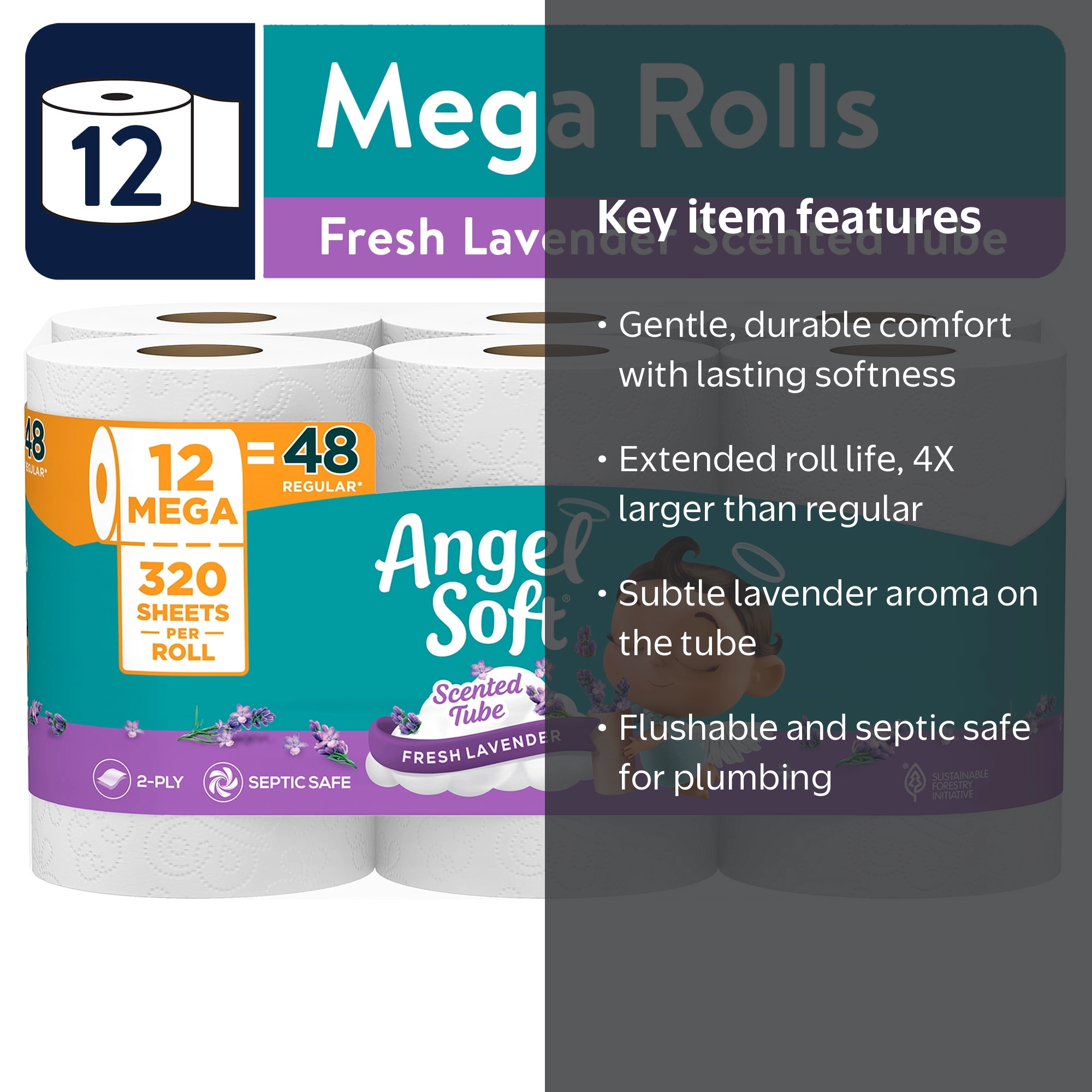 Angel Soft Septic Safe Bathroom Toilet Paper, 12 Mega Rolls, Fresh