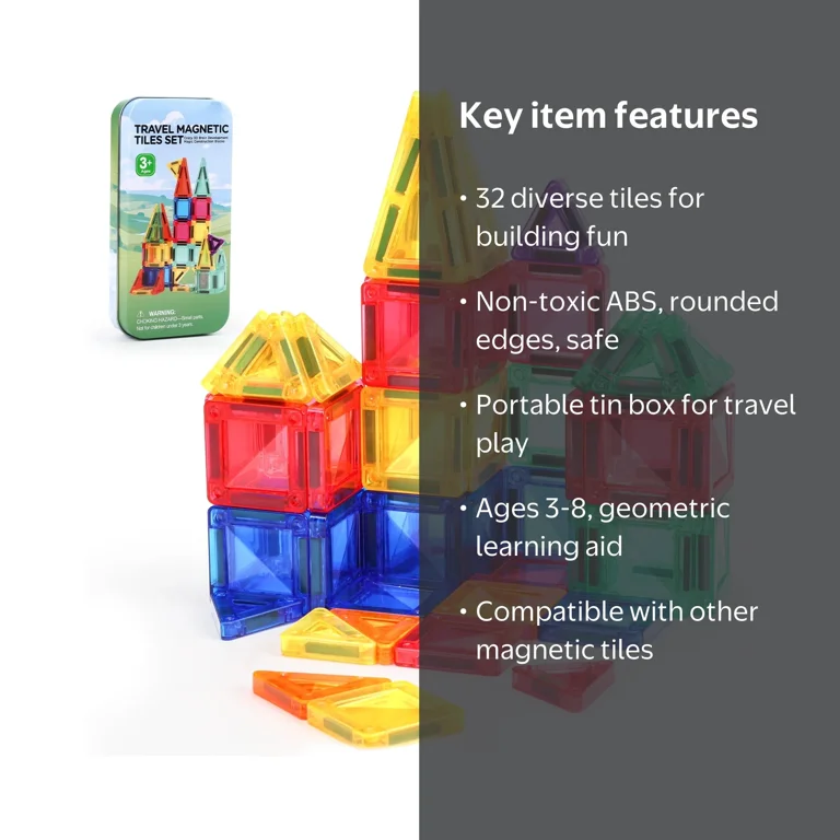 FunMagic Mini Magnetic Tiles, 32PCS Travel Magnetic Blocks with