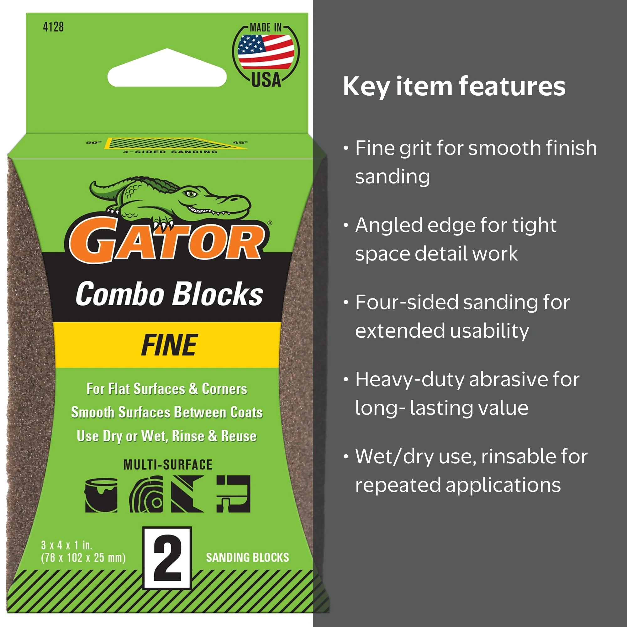 Gator 4128 3-3/8 in x 4 in x 1 in Fine Grit Angled Sponges, 2