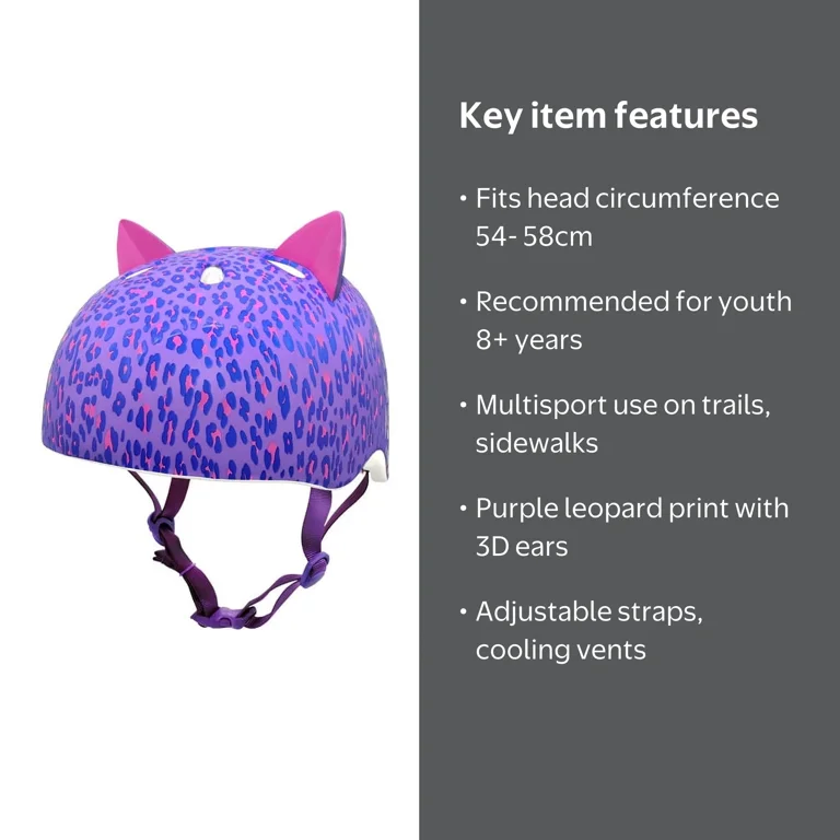 Krash! Purple Leopard Kitty 3D Multisport Helmet, Youth 8+, CPSC