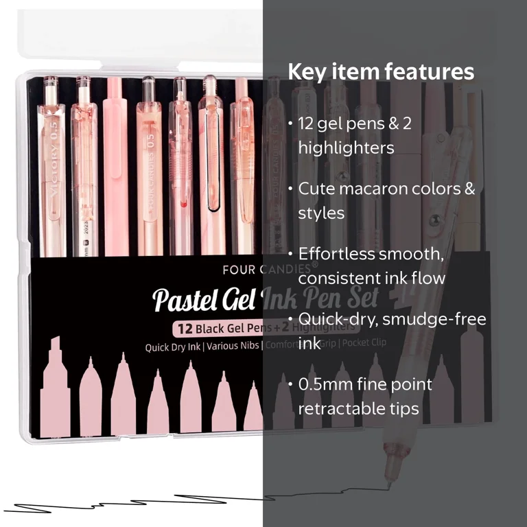 Four Candies, Gel Ink Pen Set, Pastel, Retractable, 14 Pack