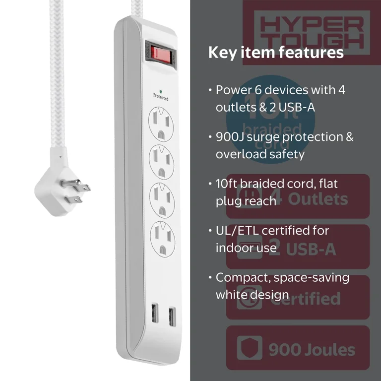 Hyper Tough Indoor Surge Protector 4-Outlet 10ft Braided Cord 900 Hyper Tough Indoor Surge Protector 4-Outlet 10ft Braided Cord 900