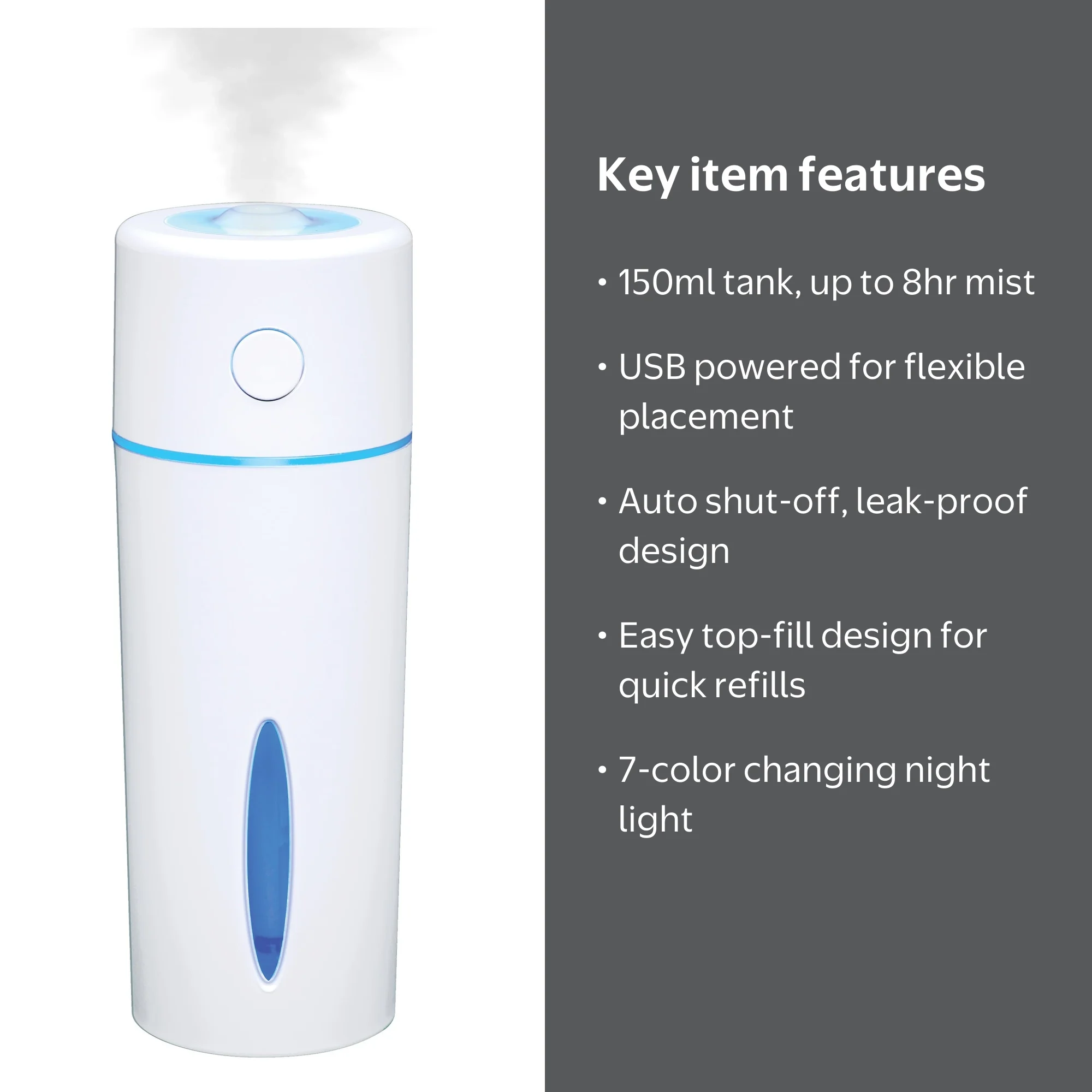 Treva Drop Light Cool Mist Travel USB Ultrasonic Humidifier, 150