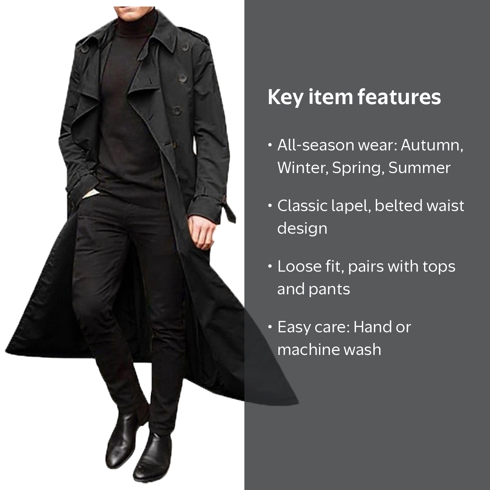 ANINEO Men Fall Winter Long Trench Coats Double Coats Belt Loose
