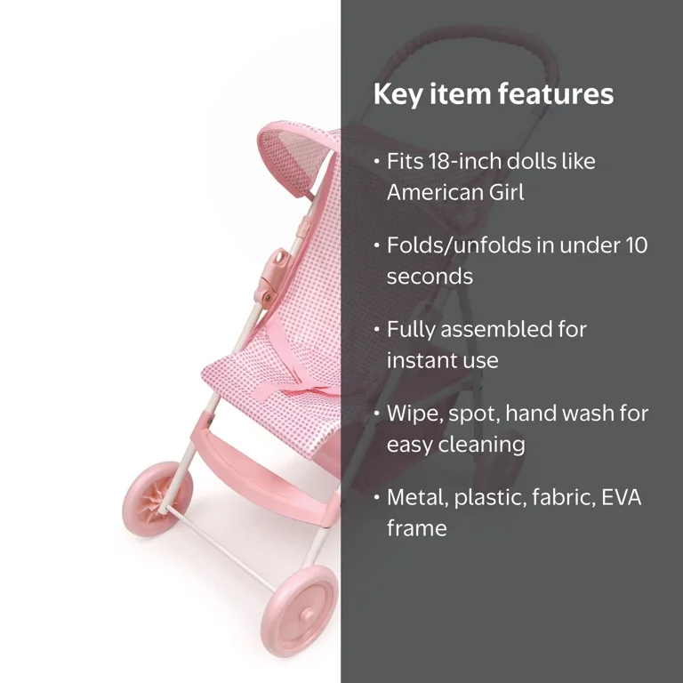 Badger Basket, Folding Doll Umbrella Stroller, 18-inch, Pink