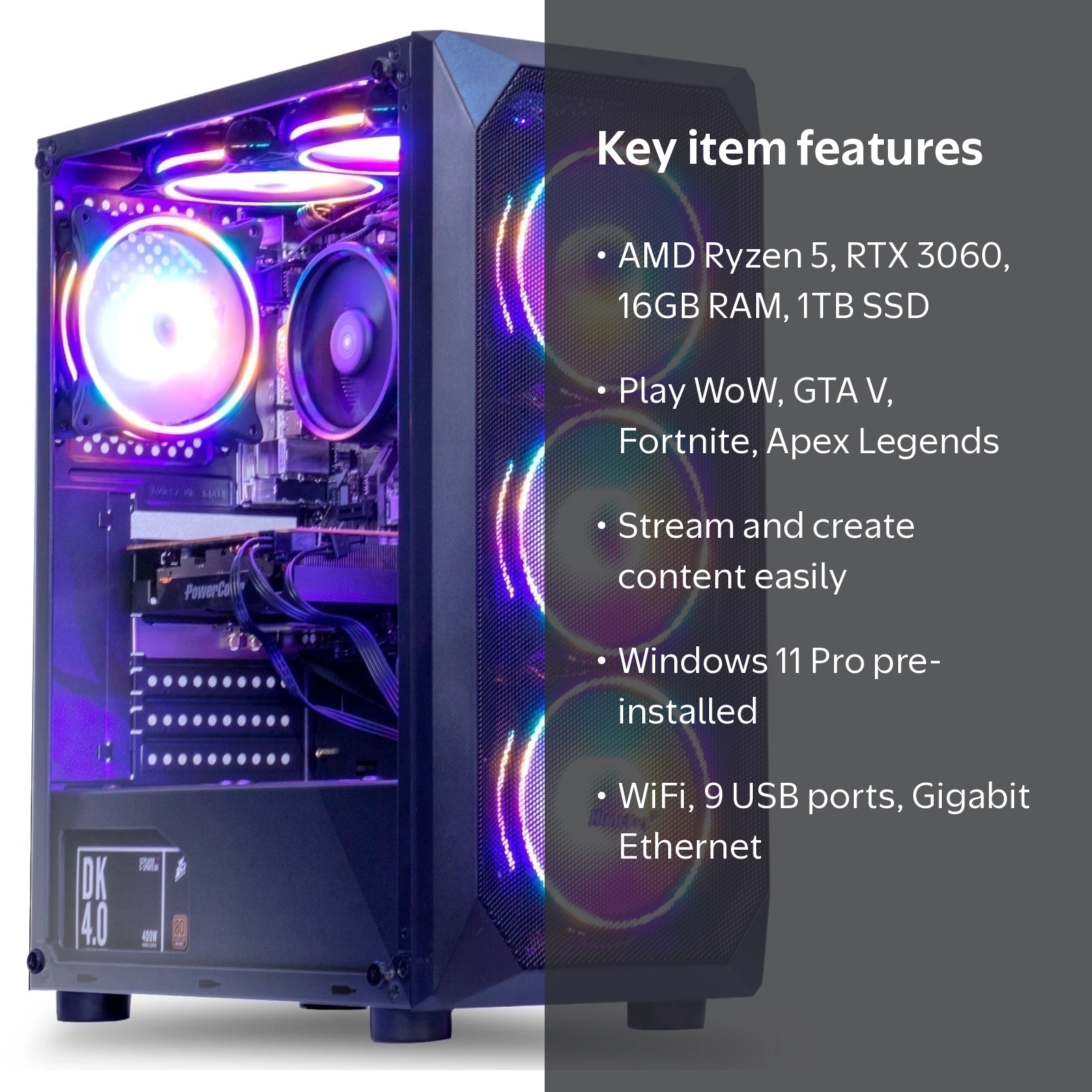 MXZ Gaming PC, AMD Ryzen 5 5500 3.6GHz, RTX 3060 12GB, 16GB DDR4