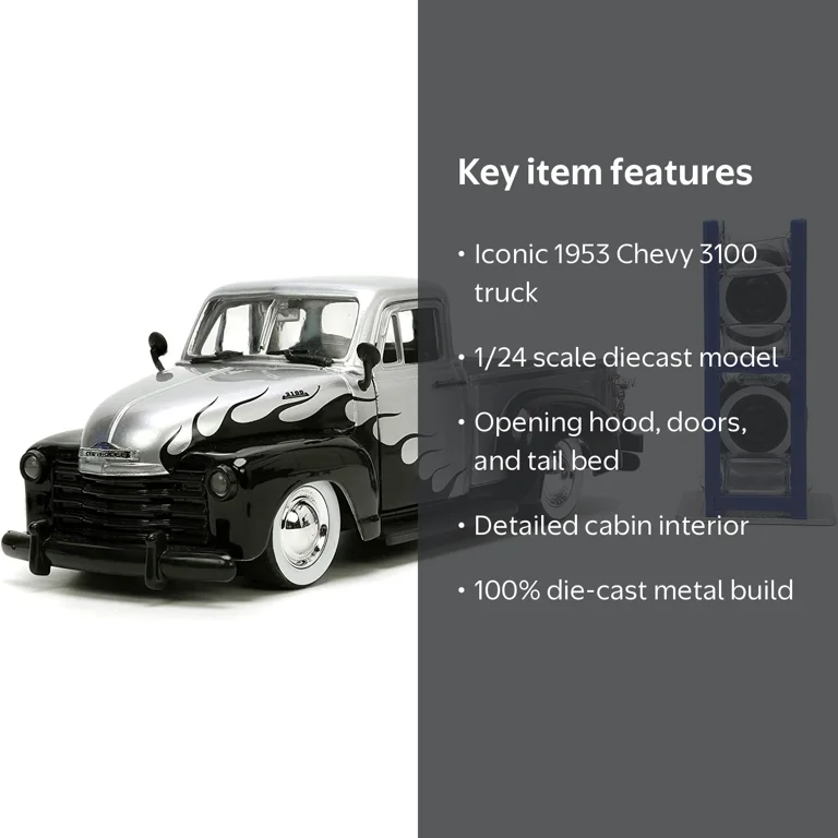 Jada 1953 Chevy 3100 Pickup Diecast Toy, Silver/Black Flames