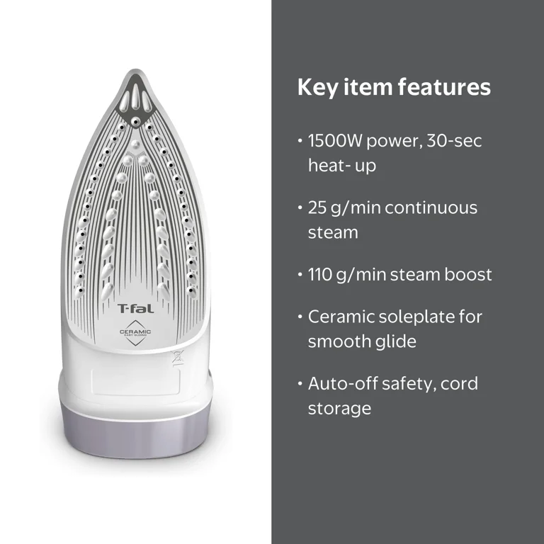 T-fal, Virtuo 30 Steam Iron, 1500W, Auto Off, Ceramic Soleplate