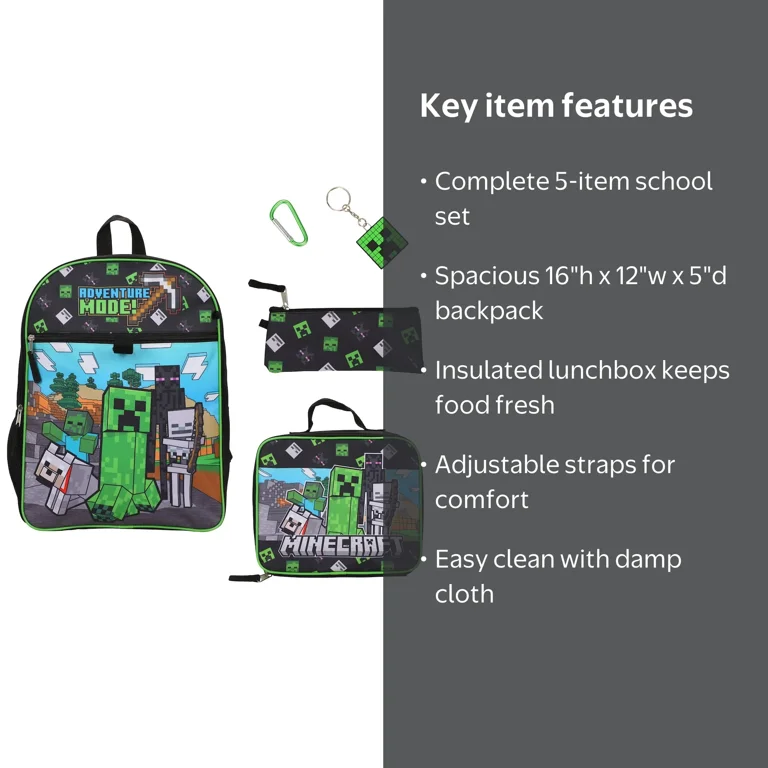 Minecraft 5-Piece Set: Backpack, Lunchbox, Utility Case, Rubber