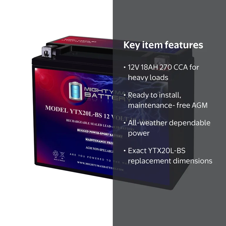 YTX20L-BS Replacement Battery for Harley Bikes, ATV, Motorcycle