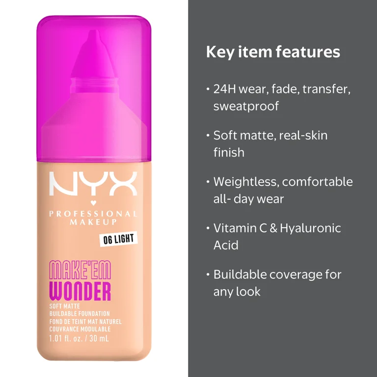 NYX Make 'EM Wonder 24H Soft Matte Foundation, LIGHT 06, 0.84 fl