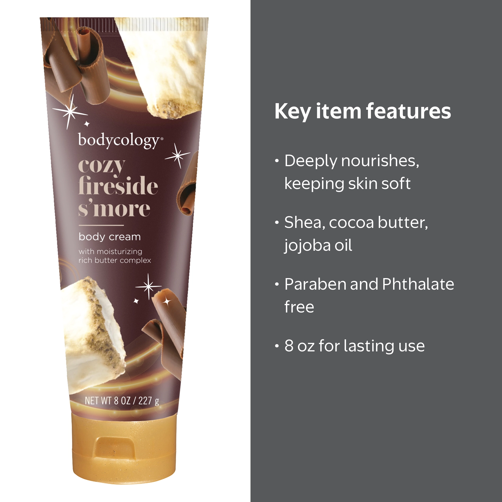 Bodycology Shea Butter Body Cream, Cozy Fireside S'more, 8 oz