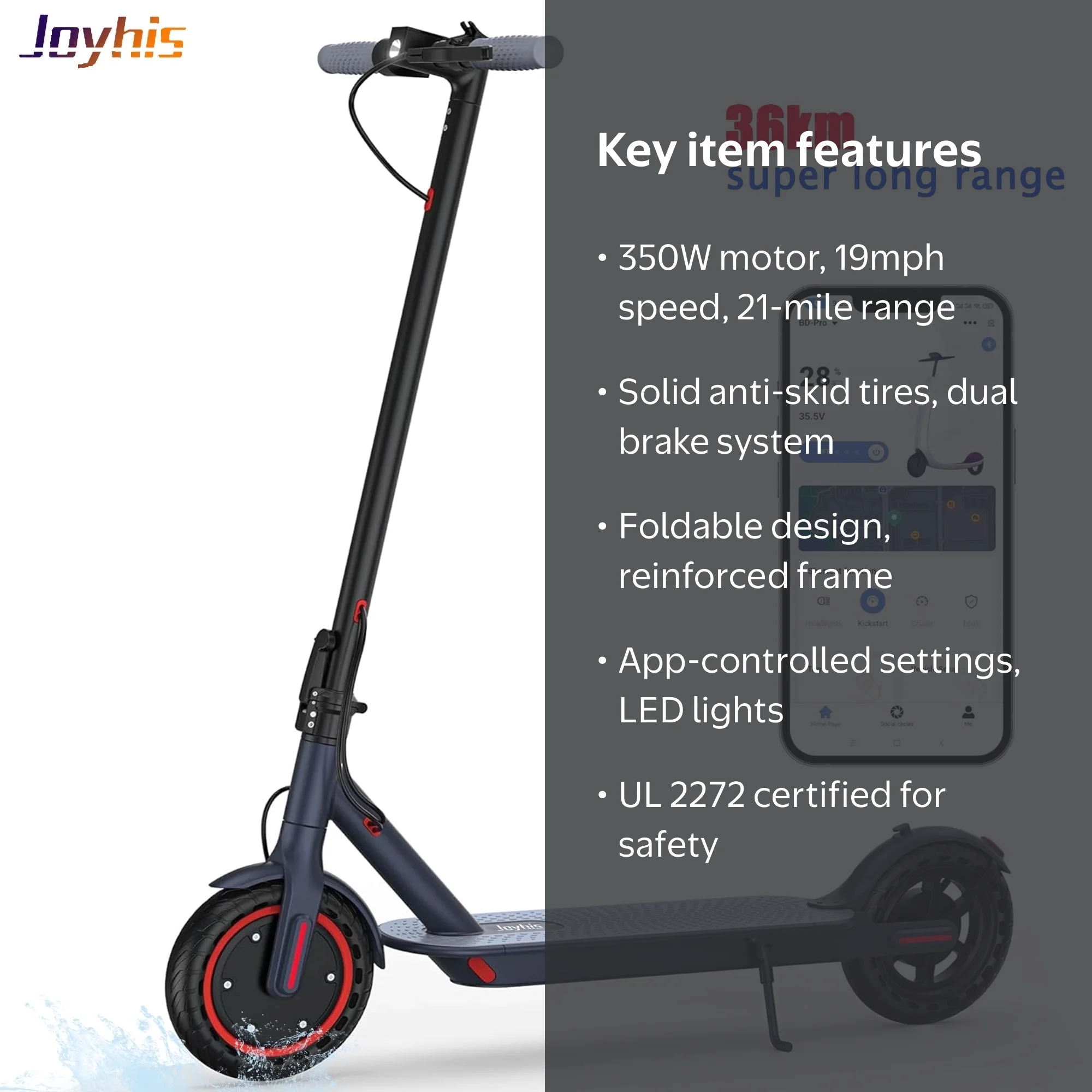 JOYHIS J078L Electric Scooter for Adults, 350W, 8.5