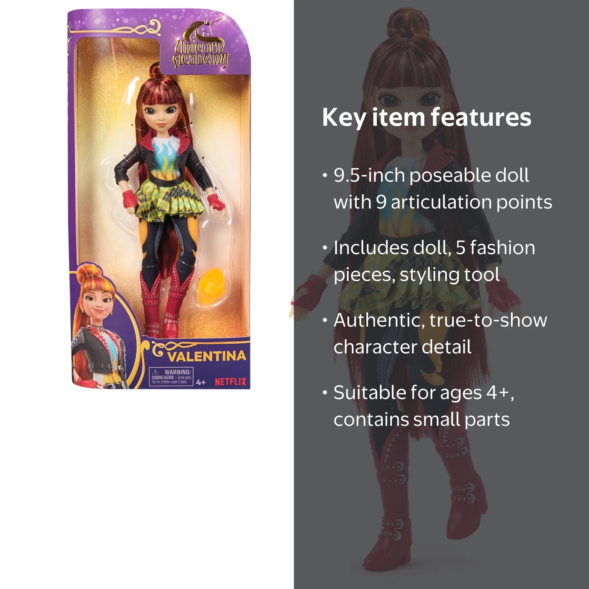 Unicorn Academy, Valentina Doll with 5 Fashion Accessories, 9.5