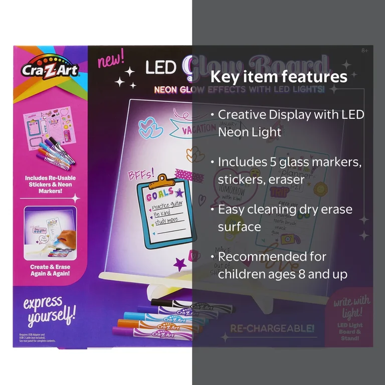 Cra-Z-Art LED Neon Glow Note Board For Kids, Acrylic Dry Erase