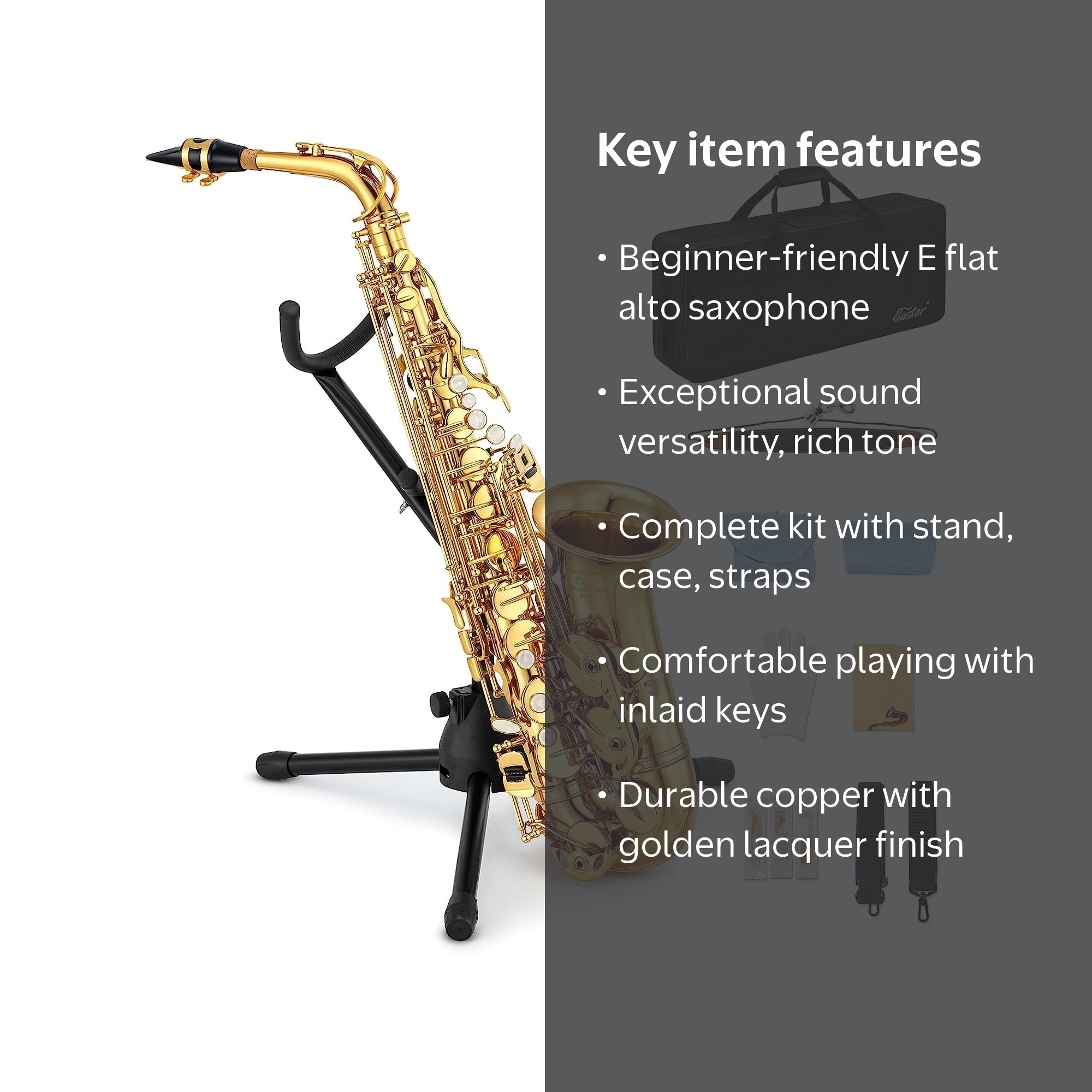 Eastar Alto Saxophone, E Flat, Gold Lacquer, Student Beginner Full