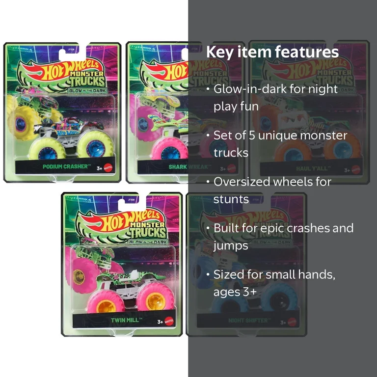 Hot Wheels Monster Trucks Glow in The Dark Collection, 5-Pack Set