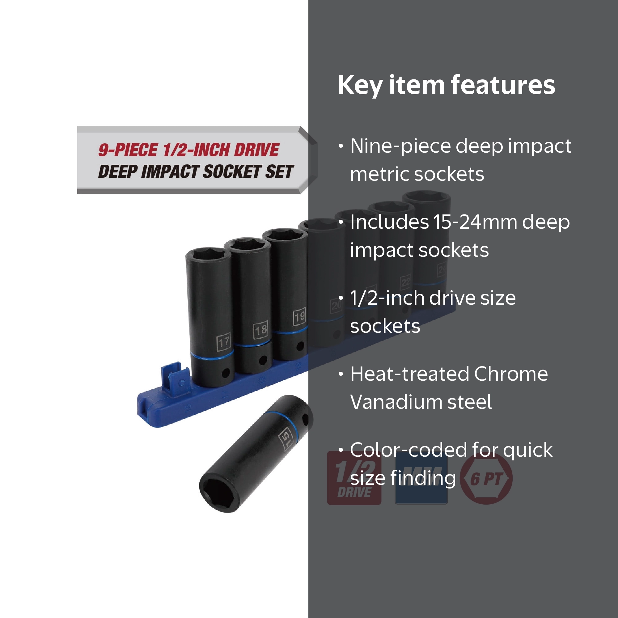 Hyper Tough 9-Piece 1/2-inch Drive Deep Metric Impact Socket Set