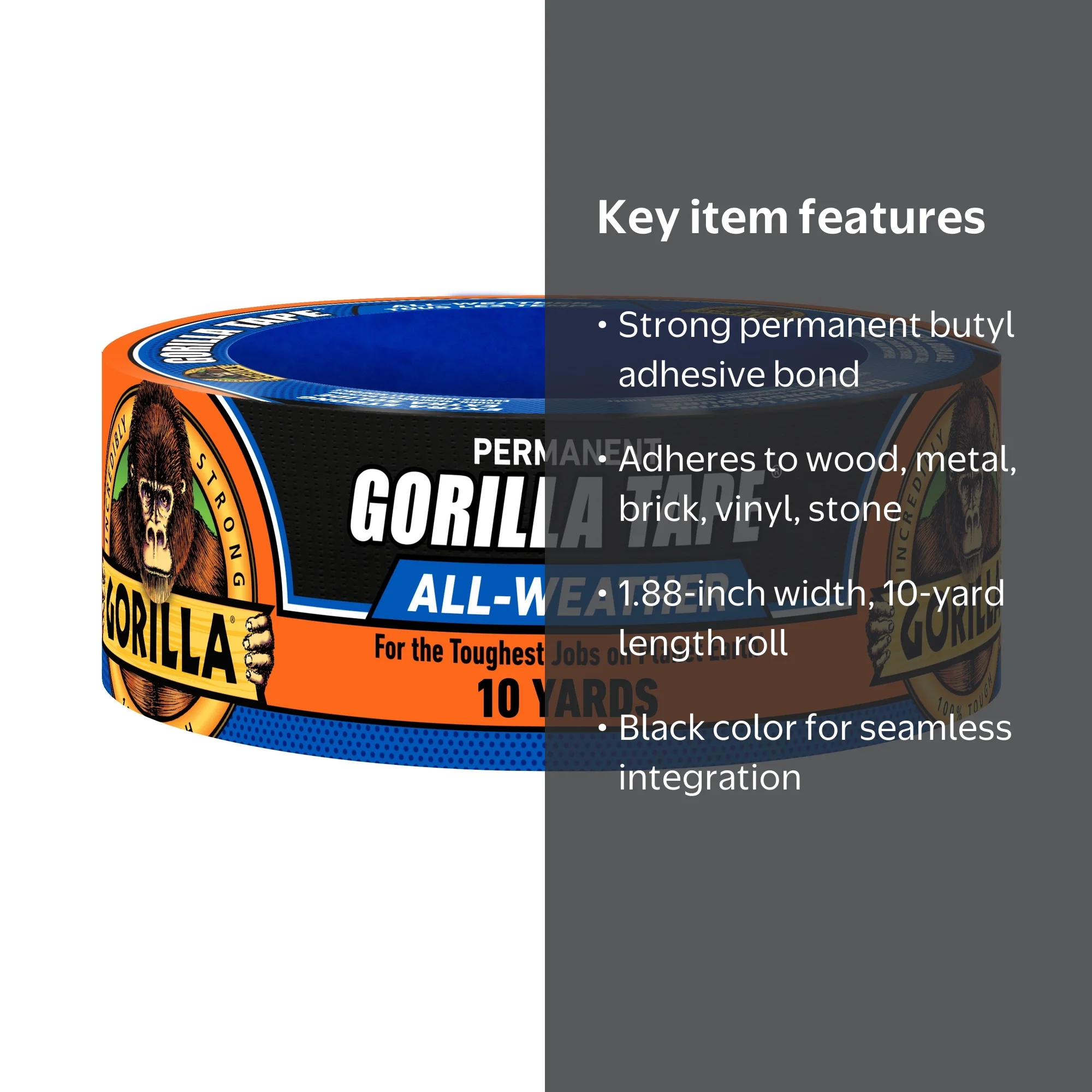 Gorilla Permanent All Weather Black Tape 1.88 in x 10 Yard