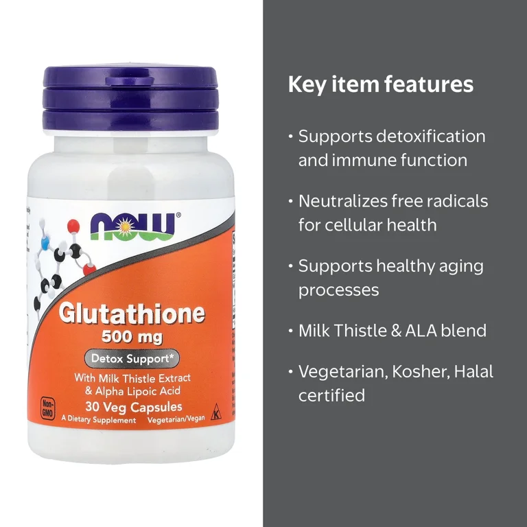 NOW Glutathione Supplement, 500 mg, 30 Veg Capsules, Detoxification, Immune Support