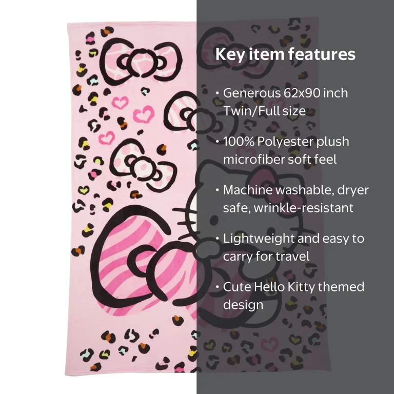 Sanrio Hello Kitty Soft Plush Twin/Full Size Kids Blanket, 62