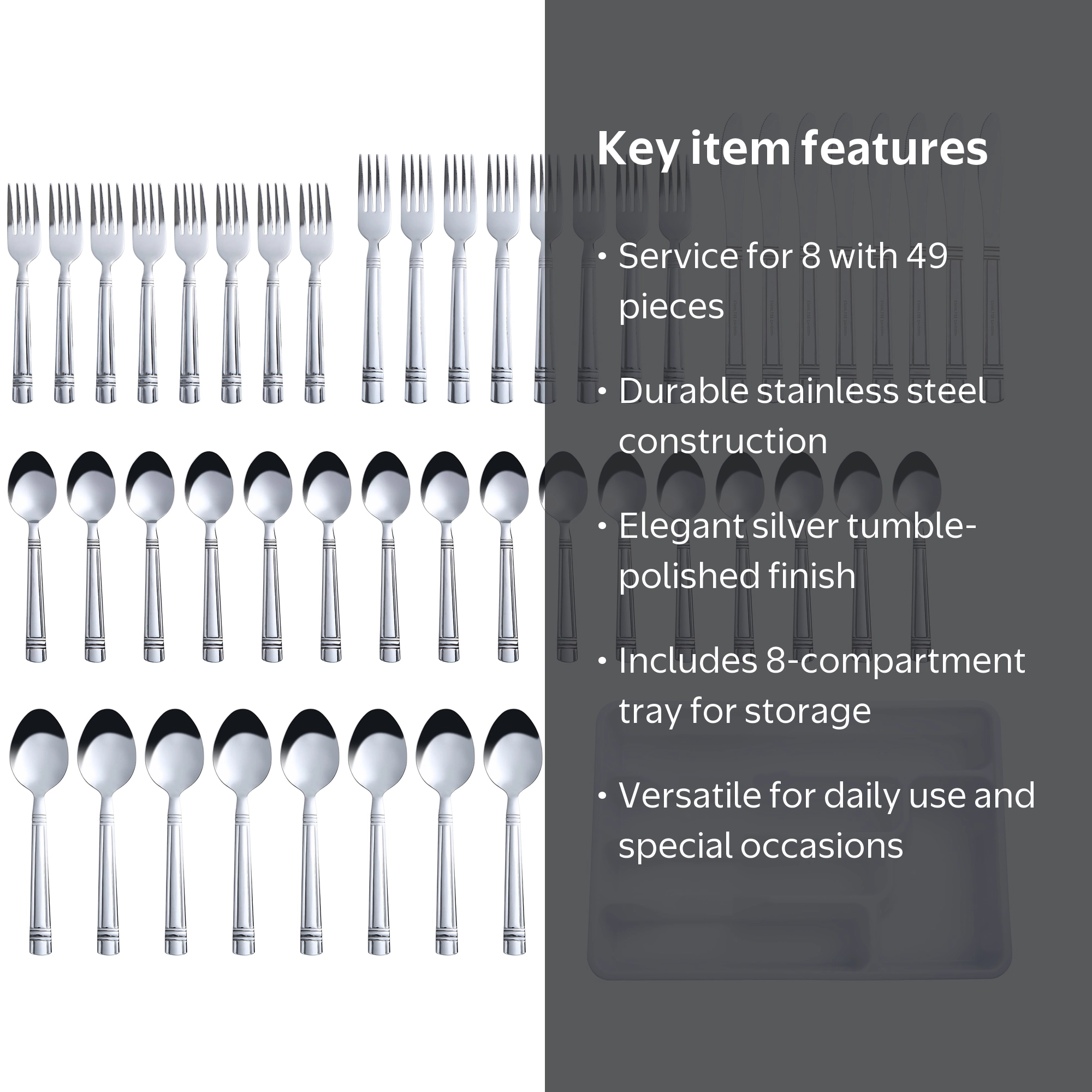 Mainstays Elena 49-Piece Adult Stainless Steel Flatware Set with