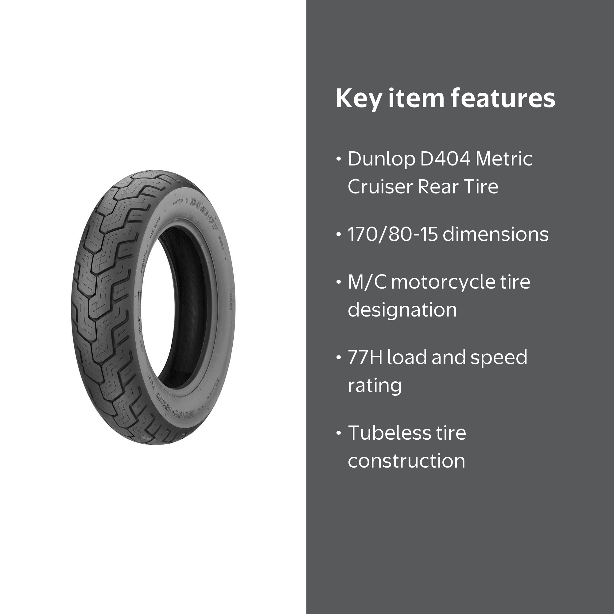 Dunlop, Rear Tire, 170/80-15 M/C 77H TL, Cruiser Motorcycle Tire