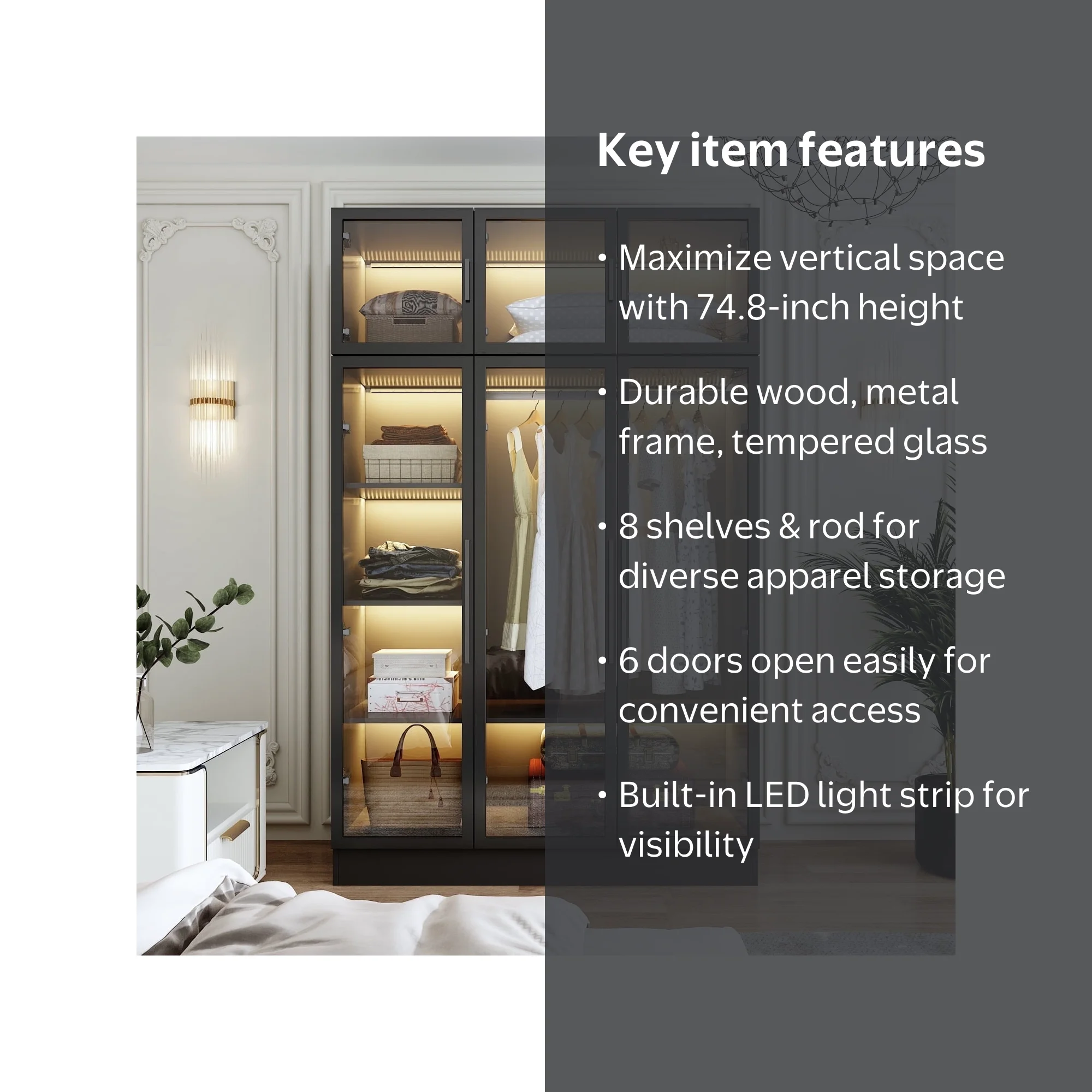 OxyLife Wardrobe Closet with Glass Door and LED Light, 74.8