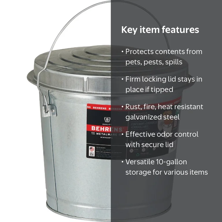 Behrens, Galvanized Garbage Can Locking Lid, 10 Gal, Indoor