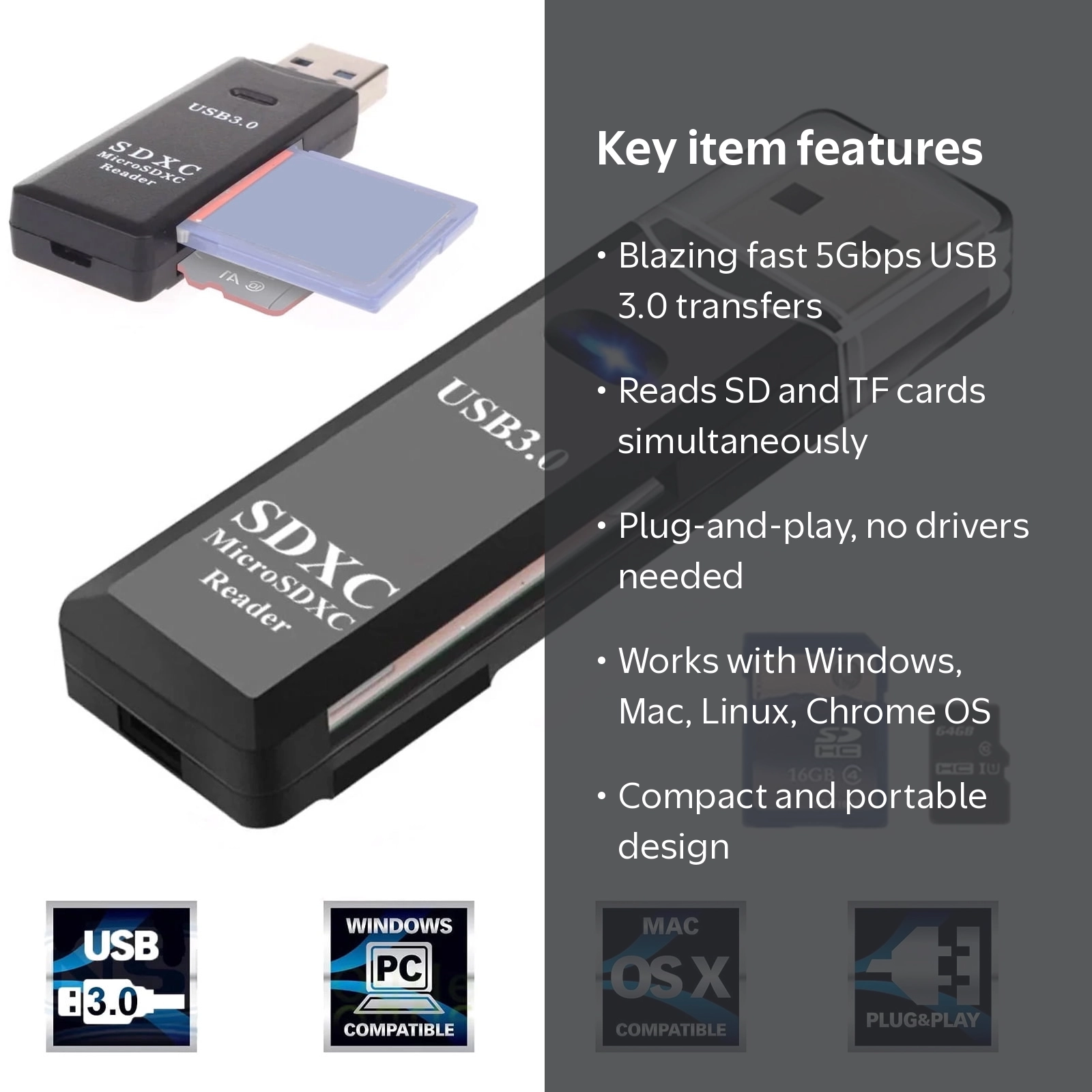 TSV, USB Card Reader, supports SD Micro SD SDHC SDXC MMC, Black