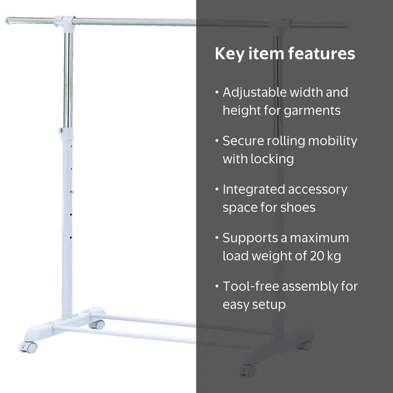 Mainstays Adjustable Rolling Garment Rack Metal Chrome, White, 84-121Wx44Dx123.5-163Hcm