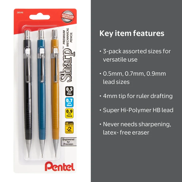 Pentel Sharp Mechanical Pencil, 3 Pack, Assorted Colors, 0.5mm