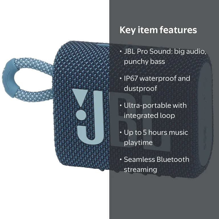 JBL Go 3 Portable Waterproof Bluetooth Speaker, Blue - Travel