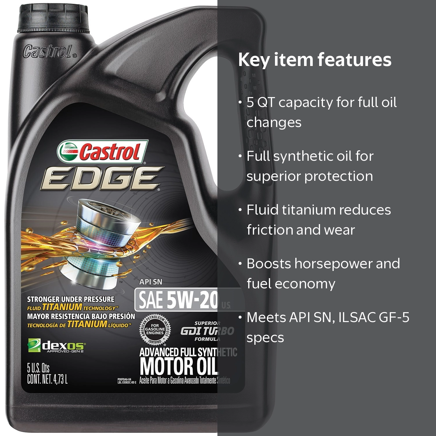 Castrol EDGE 5W-20 Advanced Full Synthetic Motor Oil, 5 QT