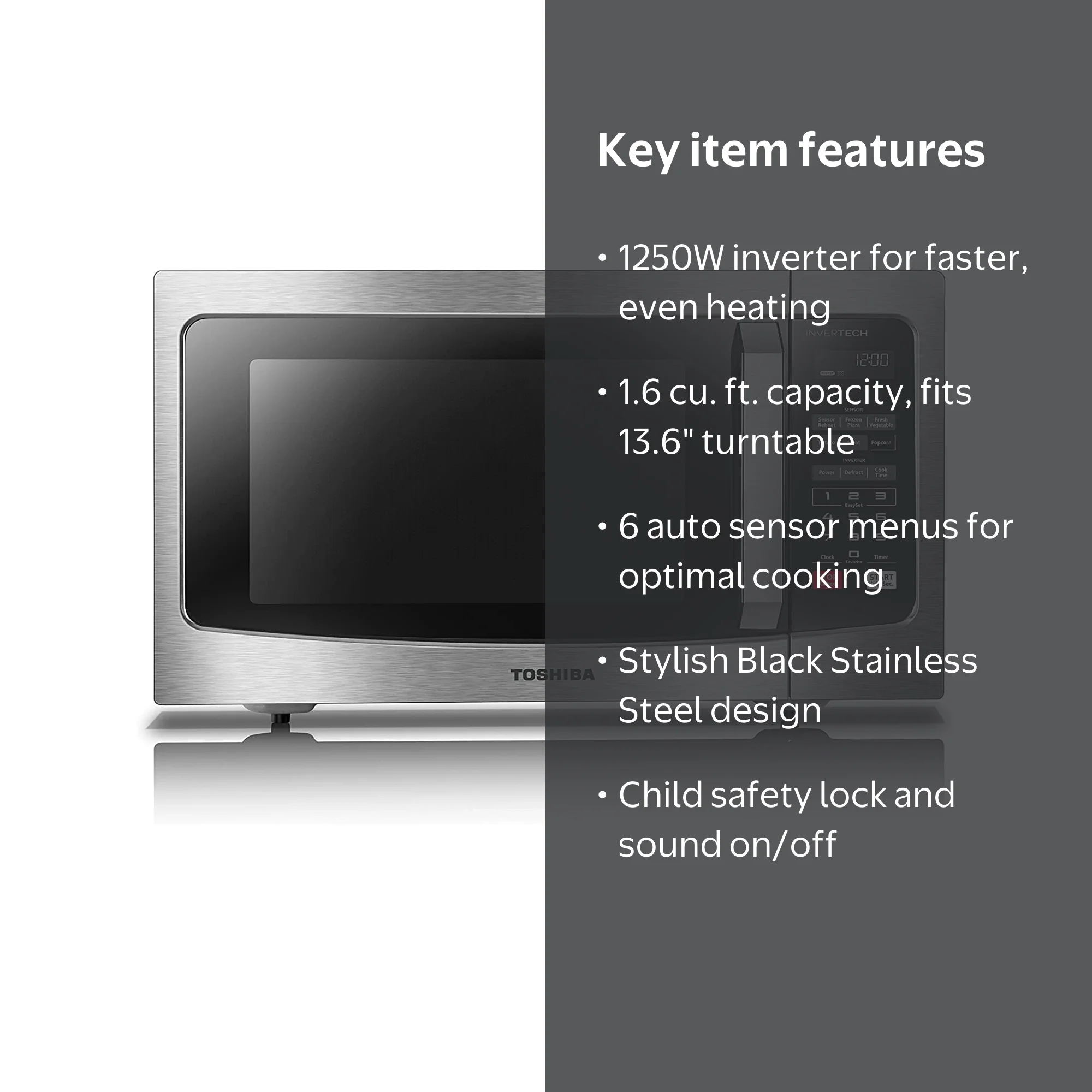 Toshiba 1.6 cu. ft. Microwave, LCD & Smart Sensor, Stainless Steel
