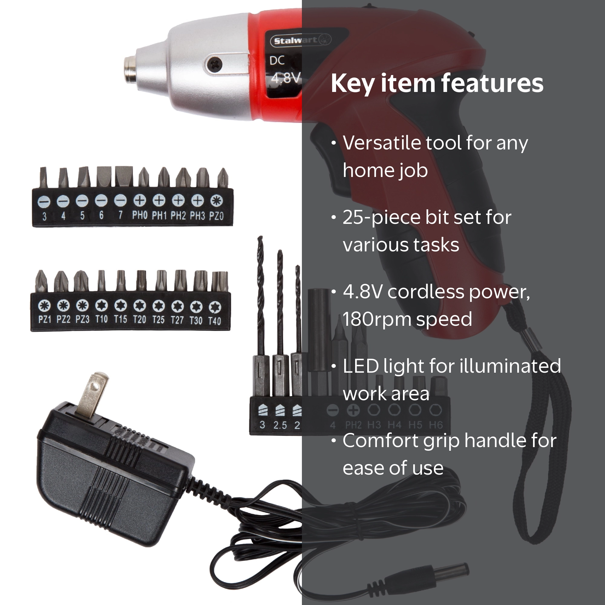 Stalwart Cordless Screwdriver Set, 25-Piece, Black, Red, Rubber
