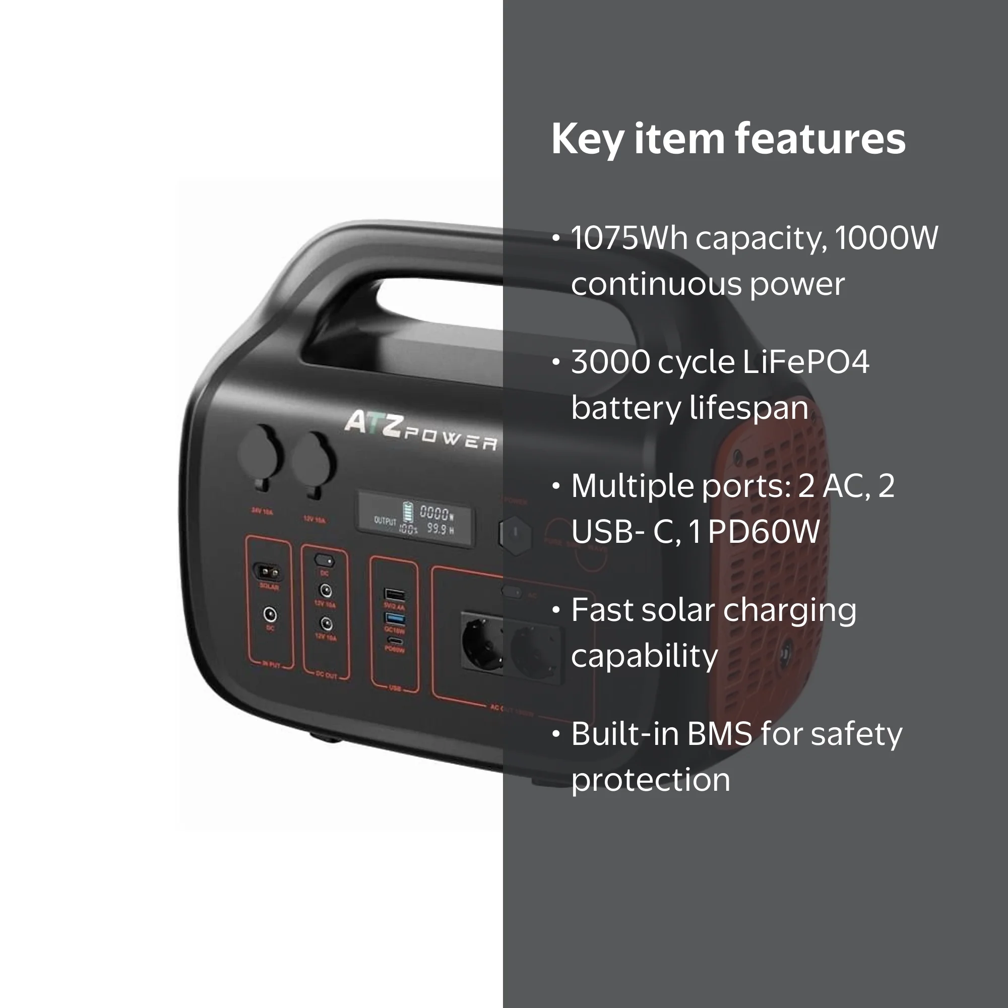 ATZ SK9V Portable Power Station 1075WH/1000W LiFePo4 Battery with