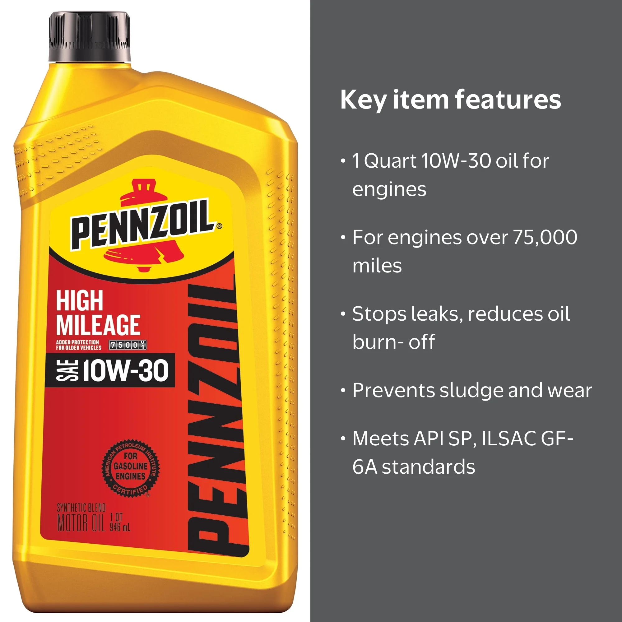 Pennzoil High Mileage 10W-30 Engine Oil, Conventional, 1 Quart
